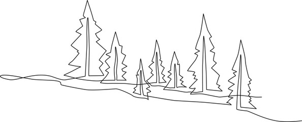 Wall Mural - Young spruce trees in the field. Landscape. Continuous line drawing. Vector illustration.