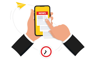 Fototapete - Newspaper with news in smartphone. Hand holding phone and scrolling news feed. Daily or weekly breaking news. News webpage, information about events, activities. Worldwide media in your device