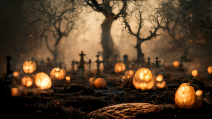 Scary halloween cemetery with gravestones and carved halloween pumkins