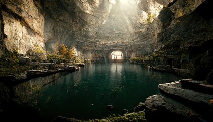 Poster - The sun illuminates the lake in the cave. 3D rendering
