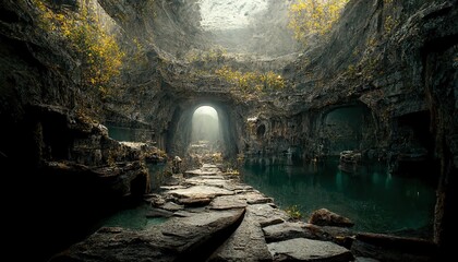 Poster - A stone road leads to a passageway in a cave near the water. 3D illustration
