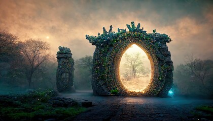 Poster - In the center of the mist-covered forest at sunset stands a portal. 3D rendering