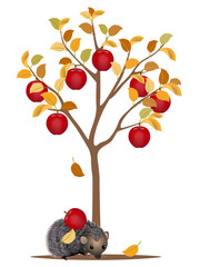 Wall Mural - Autumn tree with red apples and a hedgehog on a white background.