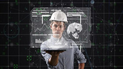 Poster - Animation of digital screen with diverse data over caucasian male engineer
