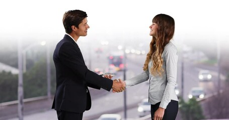 Poster - Animation of caucasian female and male businesspeople over road traffic