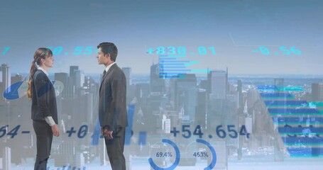 Poster - Animation of diverse financial data and graphs over over caucasian female and male businesspeople