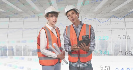Poster - Animation of diverse financial data and graphs over over caucasian male and female engineers
