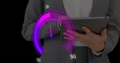 Poster - Animation of purple speedometer over midsection of caucasian businesswoman using tablet