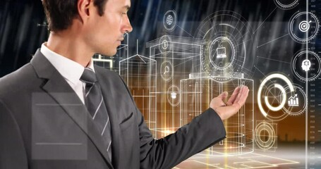 Poster - Animation of caucasian businessman using touchscreen with diverse data and metaveres cityscape