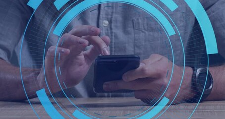 Poster - Animation of processing circles over hands of caucasian man using smartphone