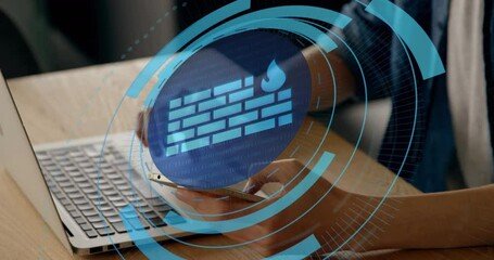 Poster - Animation of firewall over hands of caucasian man typing on laptop