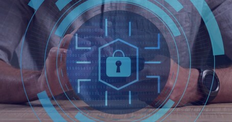 Poster - Animation of digital padlock over hands of caucasian man using smartphone
