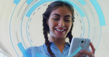 Poster - Animation of processing circle over happy caucasian woman using smartphone
