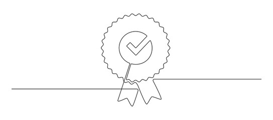 Wall Mural - One continuous line drawing of winner award badge with tick. High quality product and high warranty concept and approved choice in simple linear style. Editable Stroke. Doodle vector illustration