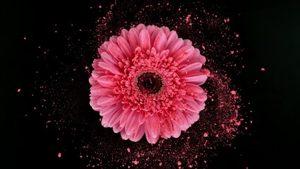 Wall Mural - Super slow motion of rotating gerbera blossom with powder. Colored powder flying around. Isolated on black background. Filmed on high speed cinema camera, 1000 fps.