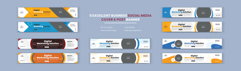 Modern abstract Digital Marketing Solution and Agency Corporate Business banner LinkedIn cover design set, Horizontal web banner.