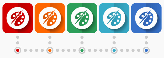 Leinwandbilder - Paint brush vector icons, infographic template, set of flat design arts symbols in 5 color options