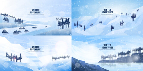 Wall Mural - Vector illustration. Flat winter landscape. Simple snowy backgrounds. Snowdrifts. Snowfall. Clear blue sky. Blizzard. Snowy weather. Winter season. Panoramic wallpapers. Set of backgrounds