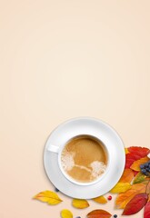 Poster - Cup of hot aroma coffee with colored autumn leaves