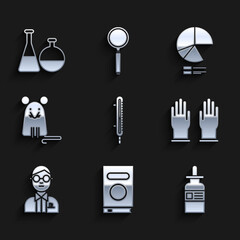 Wall Mural - Set Meteorology thermometer measuring, Book, Glass bottle with pipette, Rubber gloves, Scientist, Rat, Pie chart infographic and Test tube and flask chemical laboratory icon. Vector