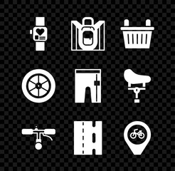 Sticker - Set Smart watch, Hiking backpack, Bicycle basket, handlebar, lane, Location with bicycle, wheel and Cycling shorts icon. Vector