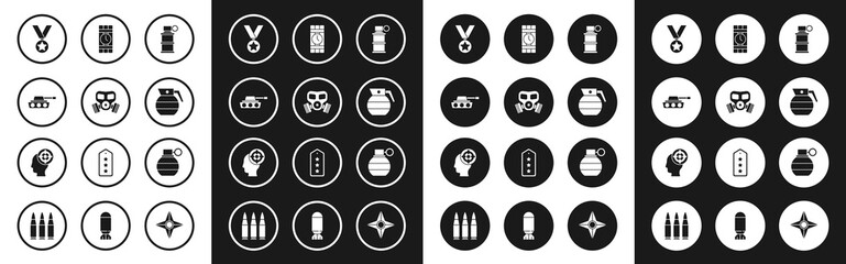 Poster - Set Hand smoke grenade, Gas mask, Military tank, reward medal, Dynamite timer clock, and Target sport icon. Vector