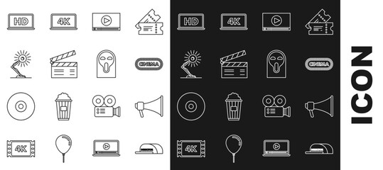 Sticker - Set line Cap with inscription director, Megaphone, Cinema poster design template, Online play video, Movie clapper, Table lamp, Laptop screen HD technology and Funny and scary ghost mask icon. Vector