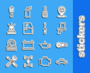 Sticker - Set line Car, Timing belt kit, Paint spray gun, key with remote, door, Flasher siren, Engine piston and Screwdriver icon. Vector