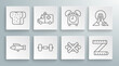 © Oksana - Set line Fish, Ambulance and emergency car, Dumbbell, No junk food, Tape measure, Alarm clock, Meditation and Bread toast icon. Vector