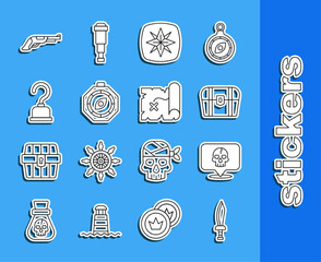 Sticker - Set line Pirate sword, Skull, Antique treasure chest, Wind rose, Compass, hook, Vintage pistol and map icon. Vector