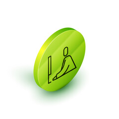Poster - Isometric line Student working at laptop icon isolated on white background. Workplace concept. Green circle button. Vector Illustration