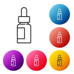 Poster - Black line Essential oil bottle icon isolated on white background. Organic aromatherapy essence. Skin care serum glass drop package. Set icons colorful circle buttons. Vector