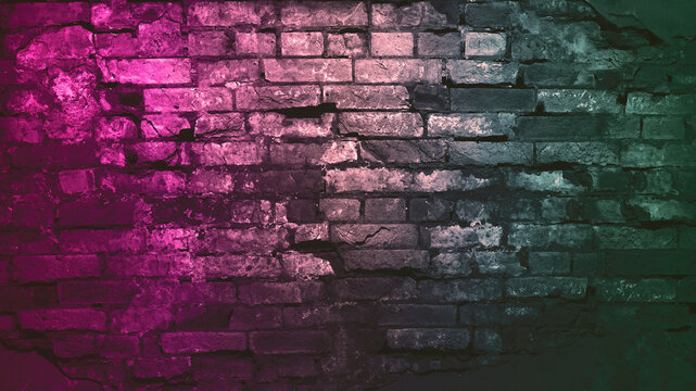 Wall Mural -  - Magenta purple red brown green old brick wall. Toned colorful grunge background. Space. Design. Cracked, broken, crumbled. Color gradient. Horror, spooky, creepy, scary, frightening. Rough backdrop.