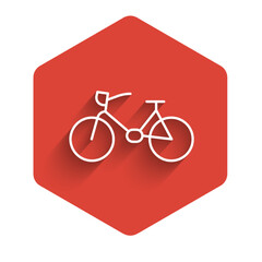 Wall Mural - White line Bicycle icon isolated with long shadow. Bike race. Extreme sport. Sport equipment. Red hexagon button. Vector