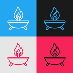 Sticker - Pop art line Aroma candle icon isolated on color background. Vector