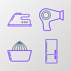 Poster - Set line Refrigerator, Citrus fruit juicer, Hair dryer and Electric iron icon. Vector