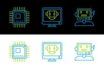 Poster - Set line Robot, Processor with microcircuits CPU and Bot icon. Vector