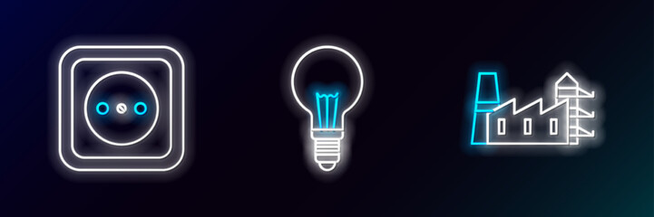 Set line Power station plant and factory, Electrical outlet and Light bulb with concept of idea icon. Glowing neon. Vector