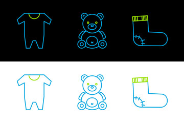 Wall Mural - Set line Baby socks clothes, and Teddy bear plush toy icon. Vector