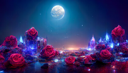 Crystals and roses, colorful night landscape.