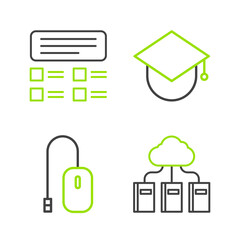 Sticker - Set line Cloud or online library, Computer mouse, Graduation cap globe and Online quiz, test, survey icon. Vector