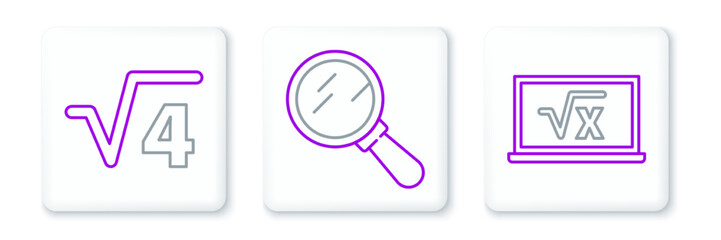 Sticker - Set line Square root of x glyph, 4 and Magnifying glass icon. Vector