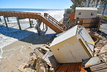 Pier And Seawall Heavily Damaged During Hurricane Ian In Daytona Beach Area Of Volusia County, Florida