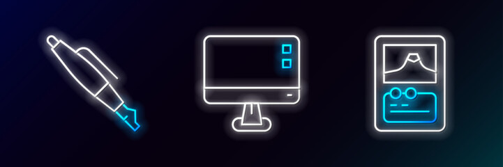 Poster - Set line Card game, Fountain pen nib and Computer monitor screen icon. Glowing neon. Vector