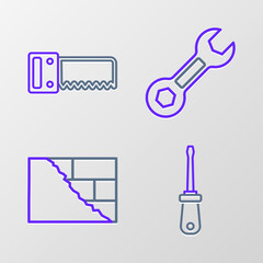 Sticker - Set line Screwdriver, Bricks, Wrench spanner and Hand saw icon. Vector