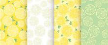 Set Of Backgrounds With Slices Of Lemons. Vector Seamless Patterns With Citrus Fruits.