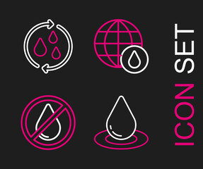 Sticker - Set line Water drop, forbidden, Earth planet in water and Recycle clean aqua icon. Vector