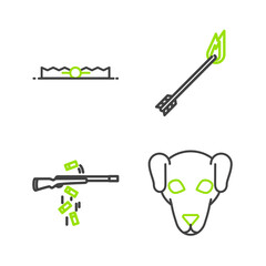 Canvas Print - Set line Hunting dog, Gun shooting, Flame arrow and Trap hunting icon. Vector