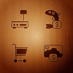 Wall Mural - Set Credit card, Electronic scales, Shopping cart and Price tag for fish on wooden background. Vector