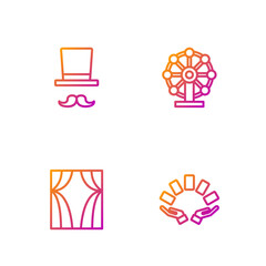 Sticker - Set line Hand holding playing cards, Circus curtain raises, Magician and Ferris wheel. Gradient color icons. Vector